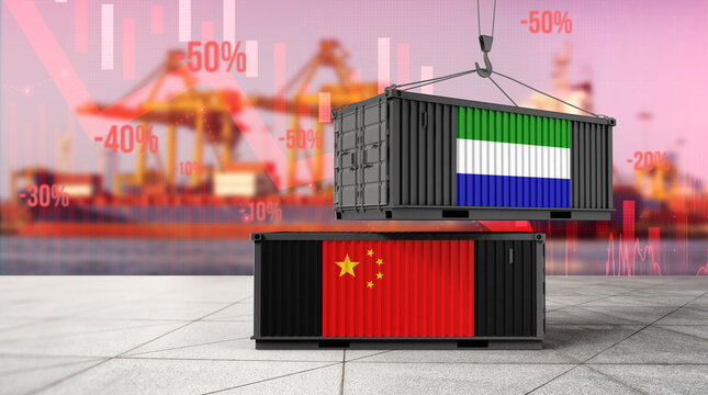 International Trade in Flux: Two shipping containers, adorned with the flags of China and Sierra Leone, symbolize the ebbs and flows of international trade.