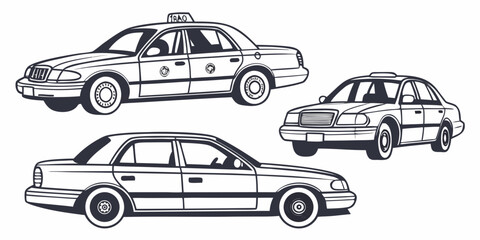 Collection of three yellow taxi cab illustrations shown from different angles on a white background with roof sign city life transport transportation passenger automobile collection perspective © Lap