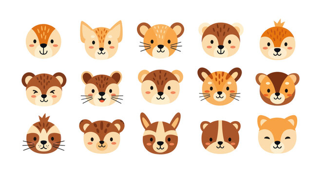 Collection of cute cartoon animal faces.