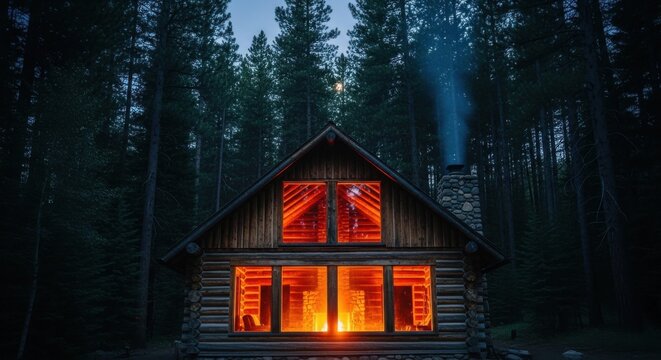 Rustic log cabin glowing with warm interior firelight nestled amongst dark pine trees at night