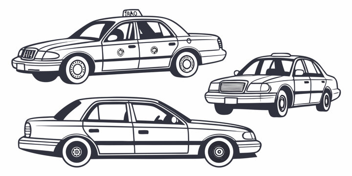 Collection of three yellow taxi cab illustrations shown from different angles on a white background with roof sign city life transport transportation passenger automobile collection perspective