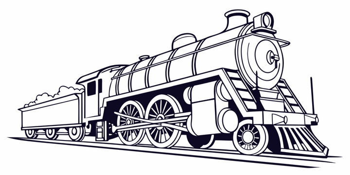 Vintage steam locomotive line art illustration of an antique train engine with coal tender locomotive transportation illustration railroad transport industrial engineering monochrome mechanic