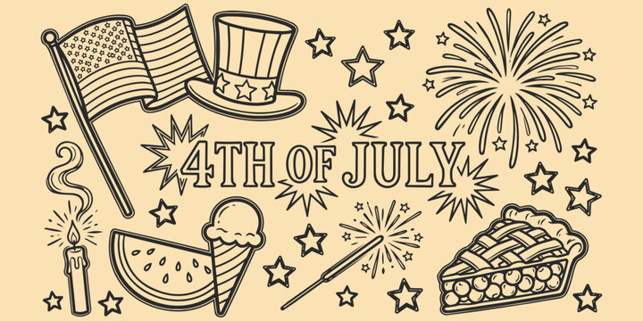 Celebratory Fourth of July Illustration: A festive illustration encapsulates the essence of Independence Day, featuring iconic symbols of American pride and celebration.