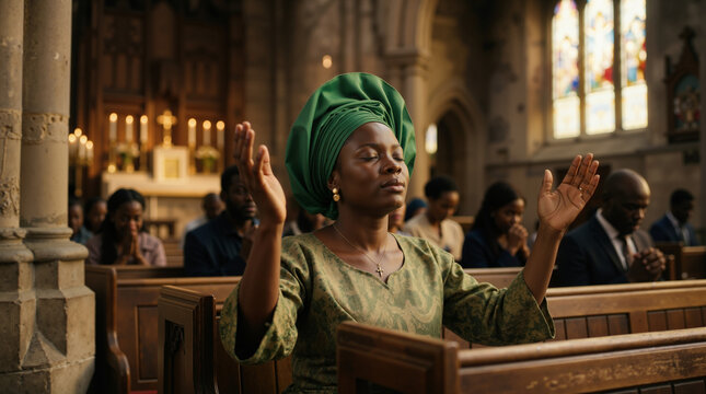 Black woman praying with raised hands in a church. African female worshipper wearing a green traditional headwrap and cross necklace. Christian faith and spiritual devotion concept