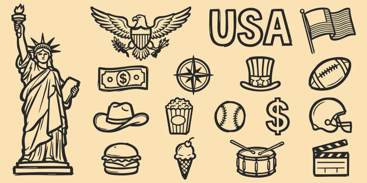USA Symbols in one Illustration: Iconic symbols of United States, this illustration encapsulates the essence of American culture, from the Statue of Liberty to the iconic Stars and Stripes.