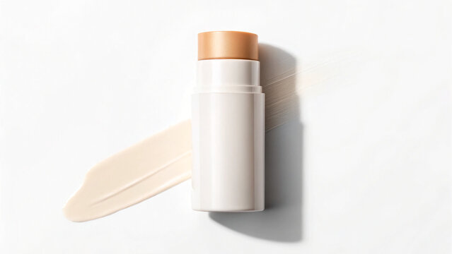 Wide view of cosmetic stick with foundation and cream smear on white surface in bright light during day