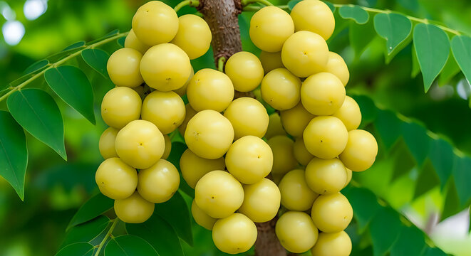 Longan fruit clusters hanging from tree branch with green leaves