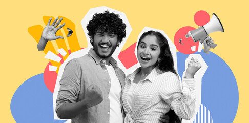 A man and woman express happiness by raising their fists and smiling widely. They are celebrating a big win while standing in front of a bright yellow background. © Prostock-studio