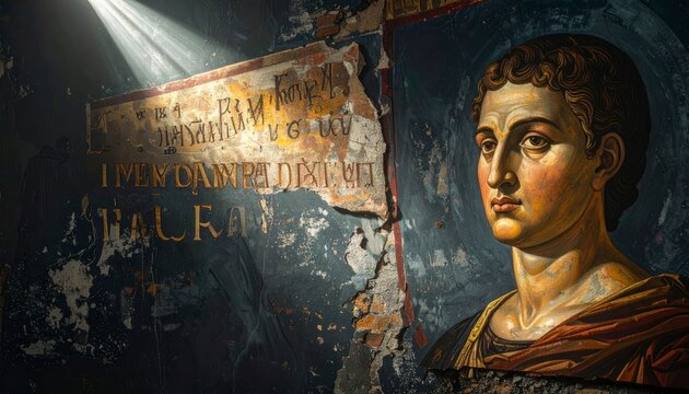 Ancient Byzantine Greek Script on Crumbling Fresco Fragment Beside Portrait