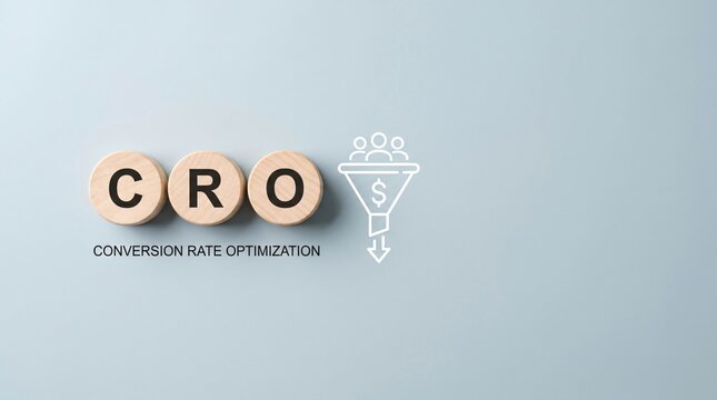 Cro conversion rate optimization concept with wooden blocks and sales funnel icon on blue background