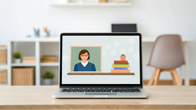 Online learning session with a computer showing a virtual classroom and study materials in a home office setting