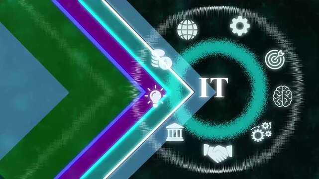 Digital business strategy concept featuring glowing neon arrow overlay and circular infographic representing global communication corporate growth