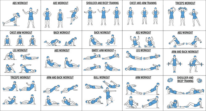 Full Body Workout Exercise Routine Set Including Abs Back Chest Arm Shoulder and Leg Training Vector Illustration Collection
