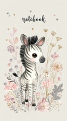 Obraz premium Cute zebra stands among soft pastel flowers. Delicate brushstrokes create gentle, dreamy atmosphere. Handwritten 