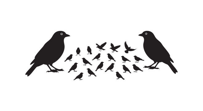 Bird silhouettes collection featuring large crows and a flock of small sparrows in flight and perched vector composition.