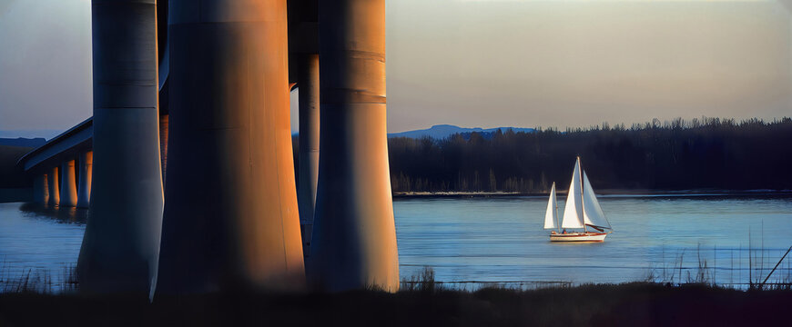Sailing on the Columbia River - A sailboat has just passed under the Glenn L. Jackson Memorial Bridge, ( I-205 Bridge). It spans the Columbia River between Portland, Or and Vancouver, Wa