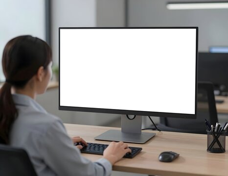 Professional woman focused on her work at a modern office desk, interacting with a desktop computer and a large, customizable blank white screen, ready for content