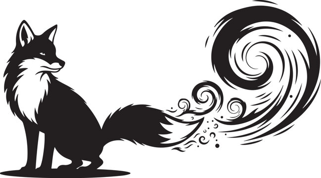 Black fox silhouette, swirling tail illustration, vector graphic, animal icon