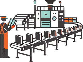 Fototapeta premium Worker overseeing book production on a conveyor belt