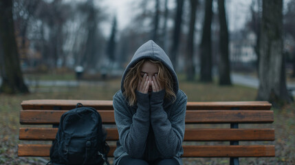 Fototapeta premium Depressed teenage girl wearing a hoodie sat on a wooden bench in a park, covering her face with her hands. She appeared isolated and socially anxious.