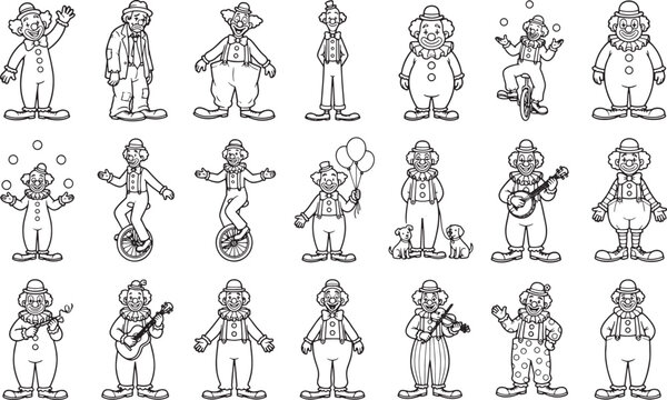A whimsical array of cartoon clown characters, each engaging in a variety of playful activities. These cartoon clowns exude a joyful, fun atmosphere. 