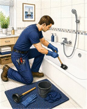  Hombre limpiando desag&uuml;e de ba&ntilde;era con herramienta de mantenimiento.
