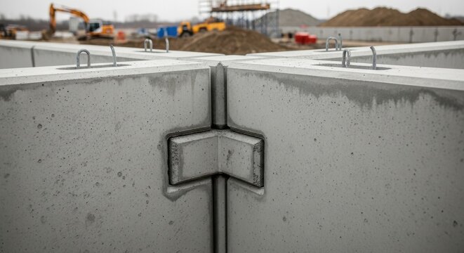 Interlocking concrete panels form a sturdy corner on a construction site