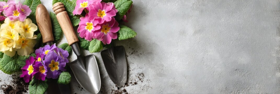 Gardening background banner design. Spring garden works. Horticulture tools and summer flowers over gray stone concrete, top view. Wide poster placard empty copy space. Flower shop, plant nursery