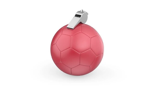 Red football and metal referee whistle on white background