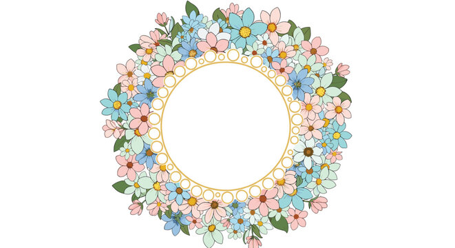 Colorful floral wreath made of soft pink and blue daisies with a golden dotted inner circle for a lovely frame design.