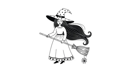 Obraz premium Elegant line art illustration of a young witch with long flowing hair flying on her broom with a spider web.