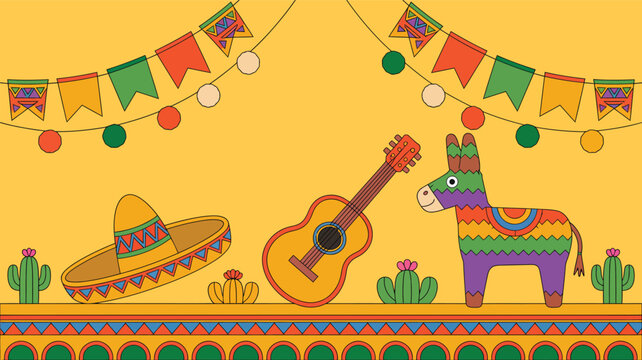 Festive mexican celebration vector illustration featuring a colorful pinata with a traditional guitar and sombrero hat for a happy cultural holiday party event