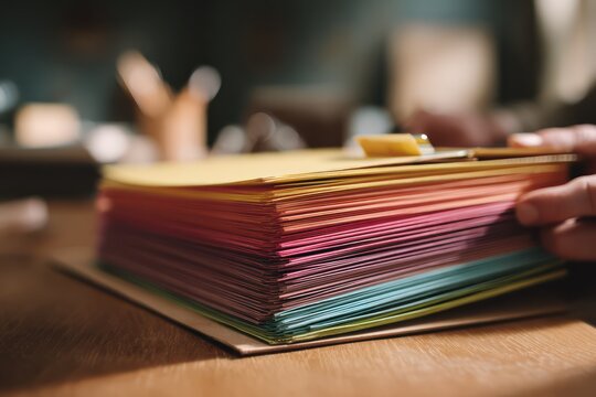 Hands holding folder with colorful tabs
