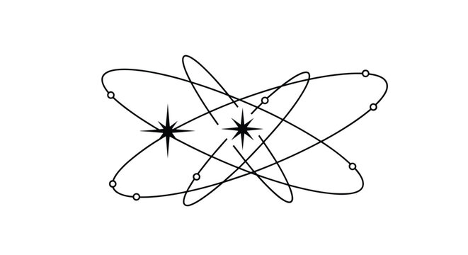 Minimalist atomic orbital icon with black paths and two central stars representing modern science and energy.