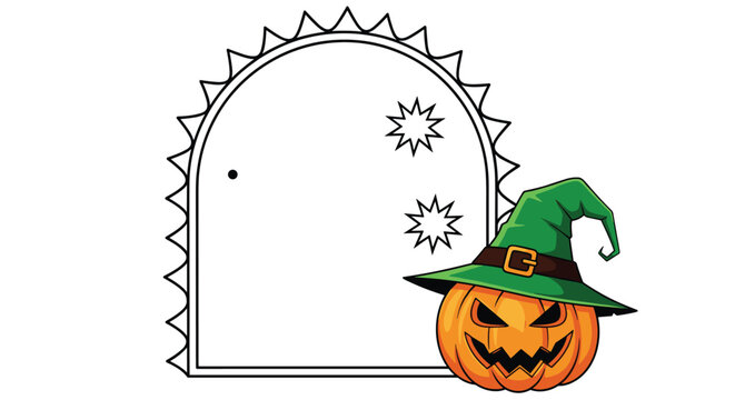 Halloween arched frame with a serrated border and a smiling pumpkin wearing a festive green witch hat for kids.