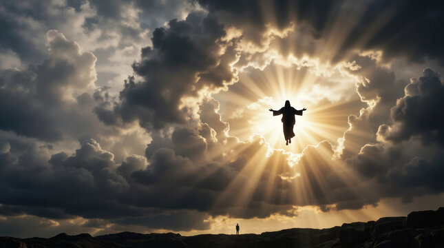 Silhouette of Jesus Christ ascending into heaven. Divine light rays breaking through dark storm clouds. Religious concept of resurrection and hope