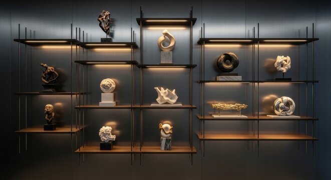 Modern Modular Display Shelving with Integrated Ambient Lighting Showcasing Abstract Sculptures in a Luxury Gallery Setting