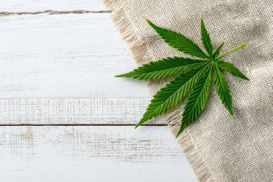 Natural hemp fabric on white wood background