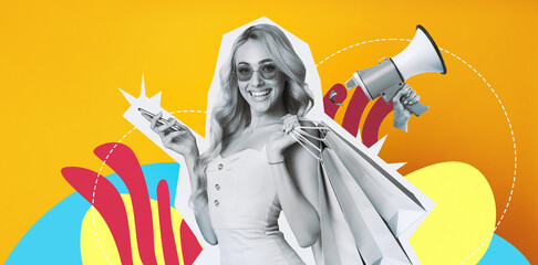 Obraz premium A young woman with long blonde hair smiles while holding colorful shopping bags and a smartphone. She stands in front of a bright yellow background.