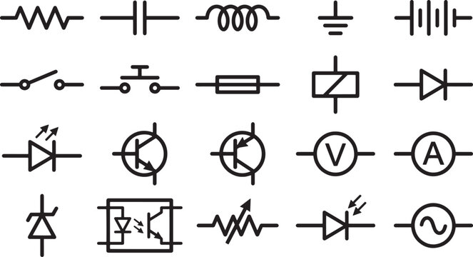 Essential electronic components, represented through clear, minimalist symbols, arranged in a grid for technical and educational purposes.