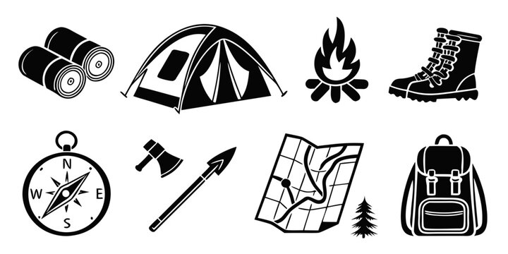 Camping and outdoor activity equipment icons featuring tent camera compass and hiking gear for travel adventure equipment backpacking exploration survival vacation expedition