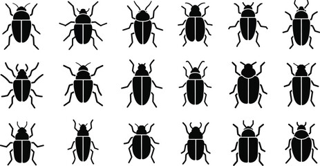 Collection of fifteen black beetle on a white background, various styles insect © hr graphics