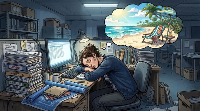 Overworked Office Employee Dreaming of Tropical Beach Vacation During Late Night Shift Stress and Professional Burnout Concept