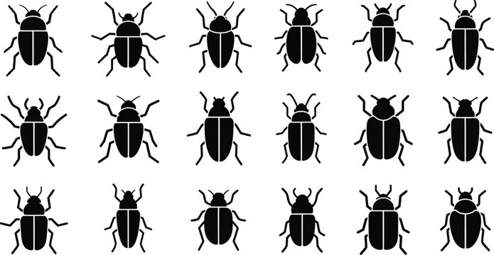 Collection of fifteen black beetle on a white background, various styles insect