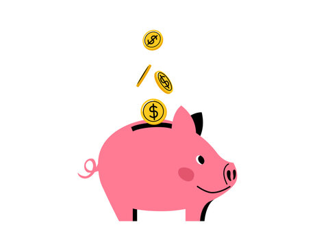 Piggy bank with money coins falling vector illustration. Pink pig for saving, investment, finance concept. Flat cartoon design isolated on white background. Financial success and budget icon