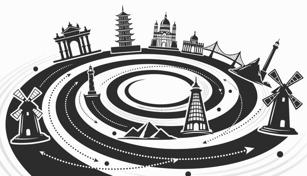 A Panoramic View of Global Architectural Landmarks and Windmills Illustrating a Journey Through Diverse Cultures and Historical Epochs