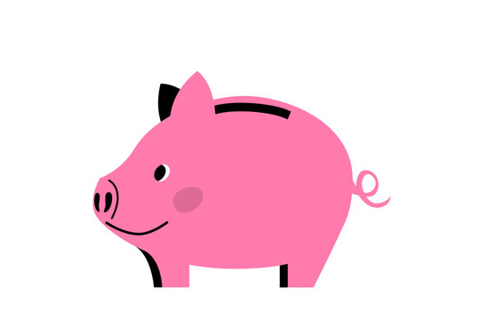 Piggy bank vector illustration. Pink pig for money saving, investment, finance concept. Minimalist flat cartoon design isolated on white background. Symbol of wealth, budget, banking