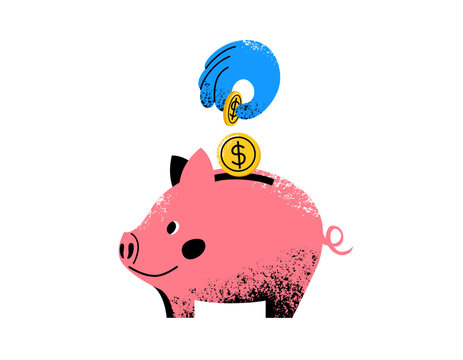 Piggy bank with money coin and hand vector illustration. Pink pig for saving, investment, finance concept. Flat cartoon modern design with texture isolated on white background. Financial success icon