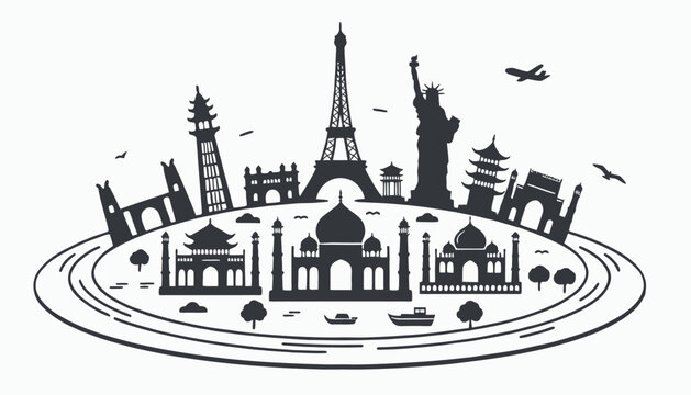 Iconic world landmarks arrayed in a captivating circular travel illustration, symbolizing global exploration and adventure