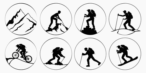 Fototapeta premium Mountaineering and camping set with black silhouette mountain climbers mountain climbing silhouette adventure mountaineer backpack equipment collection activity recreation exploration
